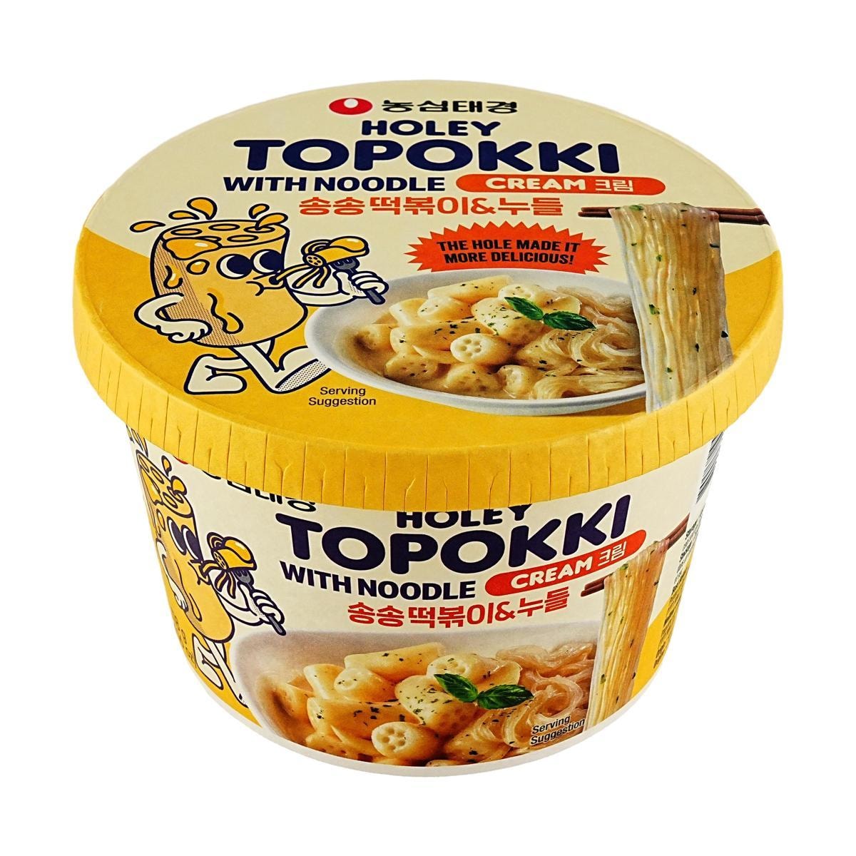 Sweet Palace Holey Topokki cream sauce flavor with glass noodles, showing a bowl of spicy, creamy Korean rice cake dish.