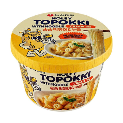 Sweet Palace Holey Topokki cream sauce flavor with glass noodles, showing a bowl of spicy, creamy Korean rice cake dish.