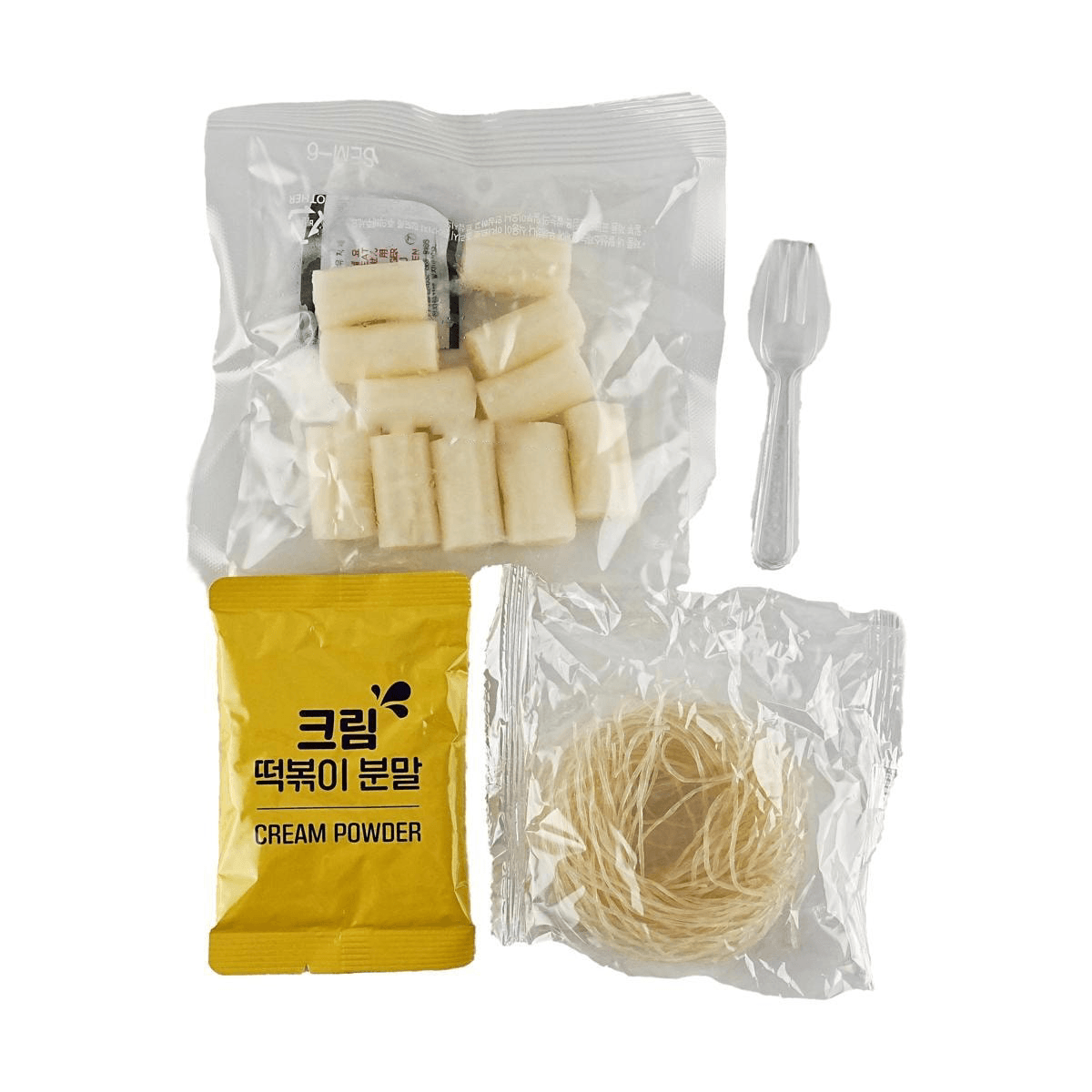 Sweet Palace Holey Topokki cream sauce flavor with glass noodles in a bowl, showcasing the spicy Korean snack dish.