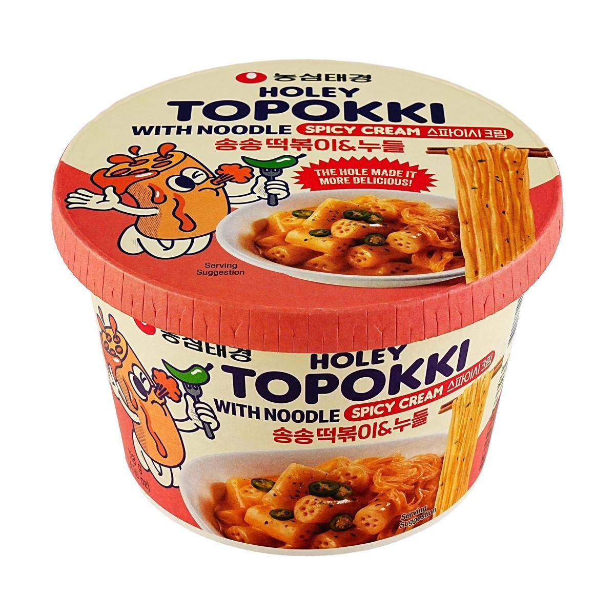 Spicy cream flavor Holey Topokki with glass noodles from Sweet Palace, served in a bowl with visible noodles and spicy sauce.