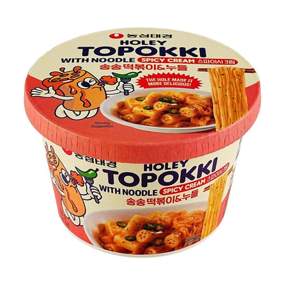 Spicy cream flavor Holey Topokki with glass noodles from Sweet Palace, served in a bowl with visible noodles and spicy sauce.
