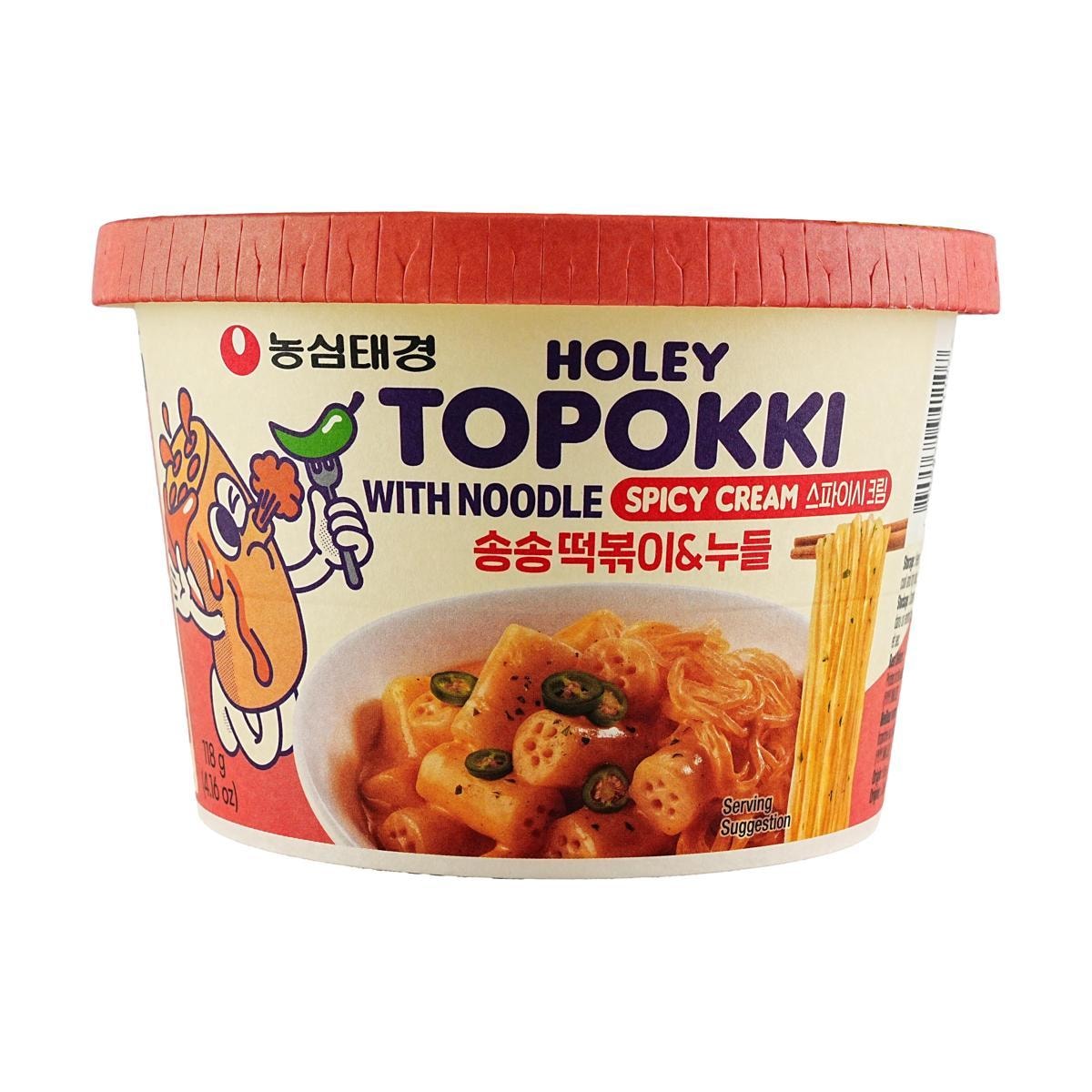 Spicy cream flavor Holey Topokki with glass noodles from Sweet Palace, served in a bowl with vibrant toppings and sauce.