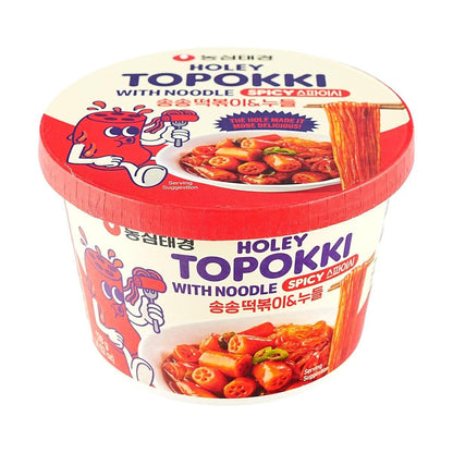 Spicy flavor Holey Topokki with glass noodles by Sweet Palace, featuring vibrant red sauce and chewy rice cakes in a bowl.