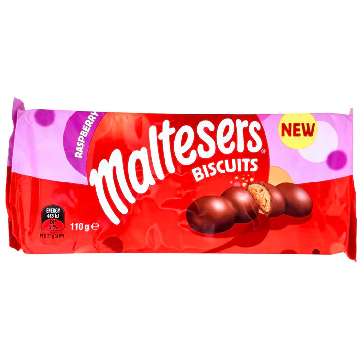 Imported Maltesers Raspberry Biscuits by Sweet Palace, showing a close-up of the crispy biscuits with raspberry flavor and Maltesers on top.