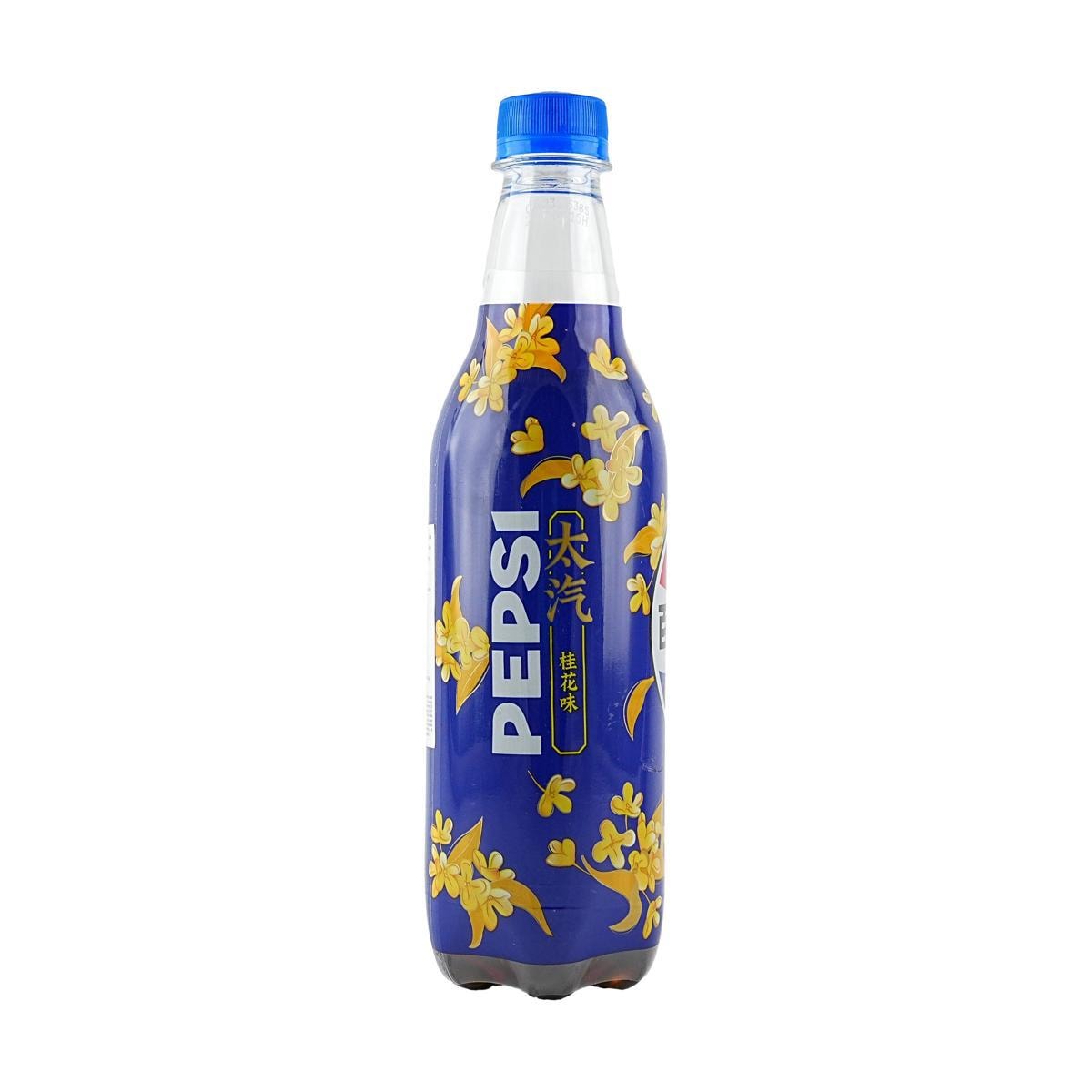 Imported Pepsi Osmanthus soft drink bottle from Sweet Palace with a clear label and refreshing beverage inside.