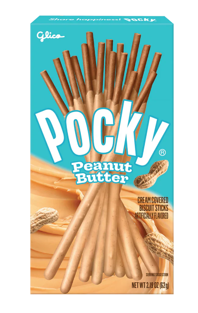 Imported Pocky Peanut Butter snack sticks by Sweet Palace, showing crispy biscuit sticks coated in creamy peanut butter.