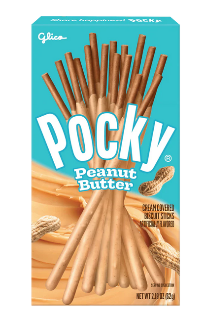 Imported Pocky Peanut Butter snack sticks by Sweet Palace, showing crispy biscuit sticks coated in creamy peanut butter.