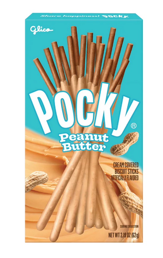 Imported Pocky Peanut Butter sticks by Sweet Palace, showing chocolate-coated biscuit sticks with peanut butter flavor.