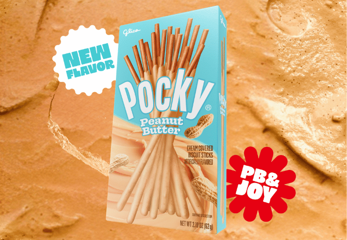 Imported Pocky Peanut Butter snack sticks from Sweet Palace, coated in creamy peanut butter flavor on crunchy biscuit sticks.