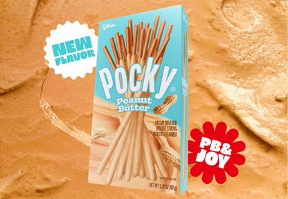Imported Pocky Peanut Butter snack sticks from Sweet Palace, coated in creamy peanut butter flavor on crunchy biscuit sticks.