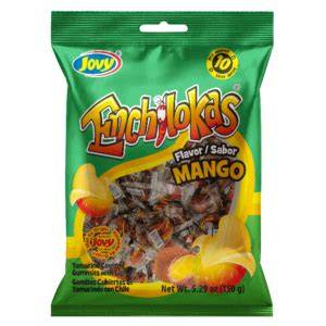 Sweet Palace Jovy Enchilokas Mango, vibrant and colorful mango snack with spicy seasoning, displayed on a white background.