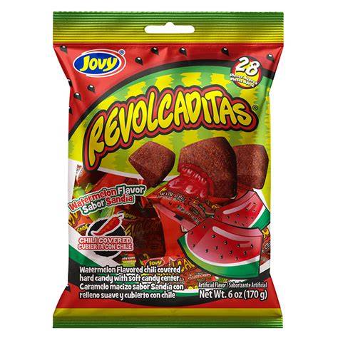 Jovy Revolcaditas Watermelon by Sweet Palace, colorful watermelon-flavored candies in a clear bag with bright packaging.