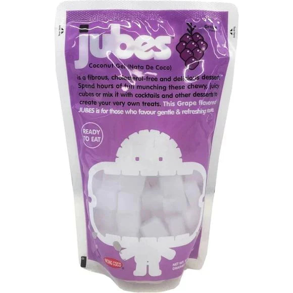 Sweet Palace Jubes Coconut Gels Grape flavor in colorful packaging with grape-shaped candies on a white background.