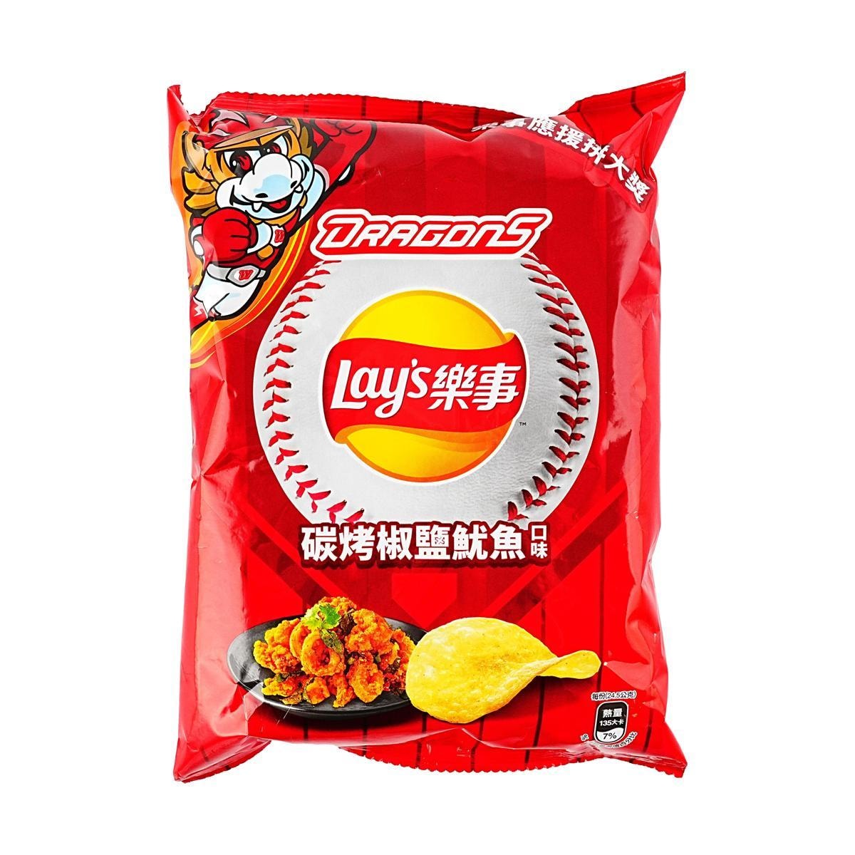 Lay's Grilled Salt & Pepper Squid Flavor potato chips in a colorful bag with squid illustrations and flavor details.
