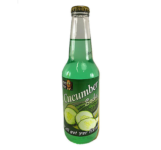 Bottled Lester's Fixins Cucumber Soda from Sweet Palace, refreshing green cucumber-flavored soft drink with clear bottle and label