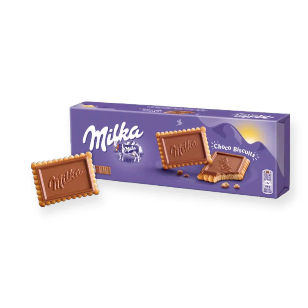 Milka Choco Biscuits in packaging, featuring chocolate-filled biscuits from Sweet Palace, displayed on a plain background.