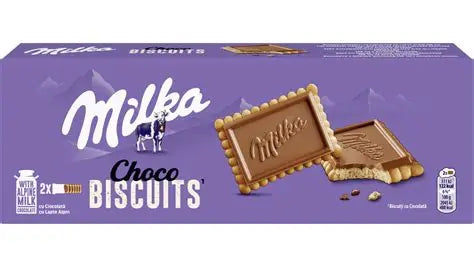 Milka Choco Biscuits in packaging, featuring chocolate biscuits with creamy filling, by Sweet Palace.