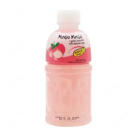 Sweet Palace Mogu Mogu Lychee drink in a clear bottle with lychee fruit visible inside, refreshing beverage on a white background.
