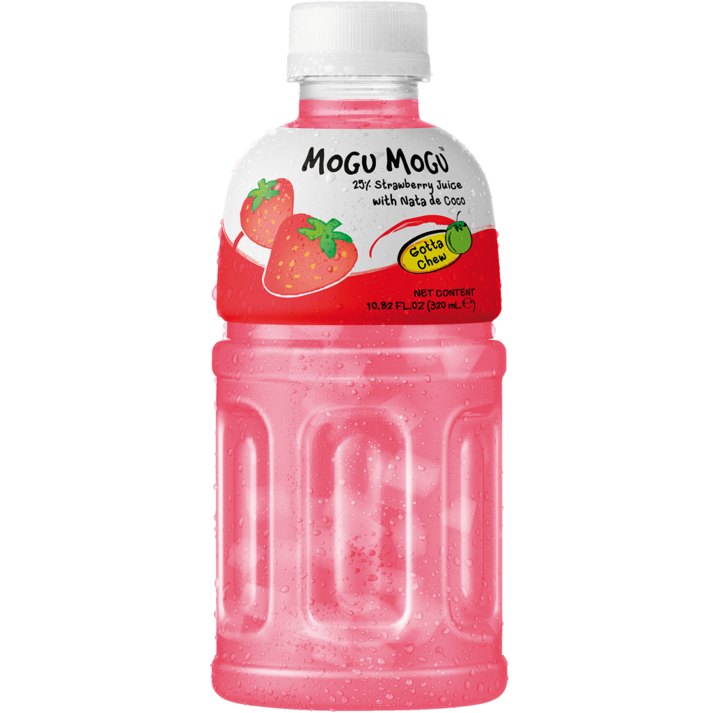 Mogu Mogu Strawberry juice drink by Sweet Palace in a clear bottle with strawberry flavor label.