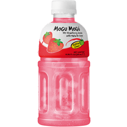Sweet Palace Mogu Mogu Strawberry drink in a clear bottle with vibrant strawberry imagery on the label.