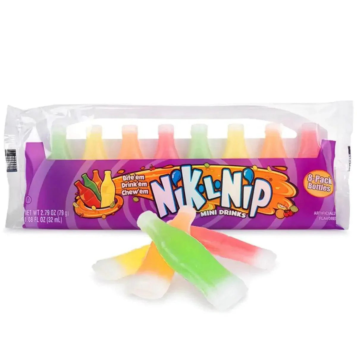 Nik-L-Nip wax candy bottles featuring colorful, realistic wax candies shaped like miniature soda bottles with bright labels.