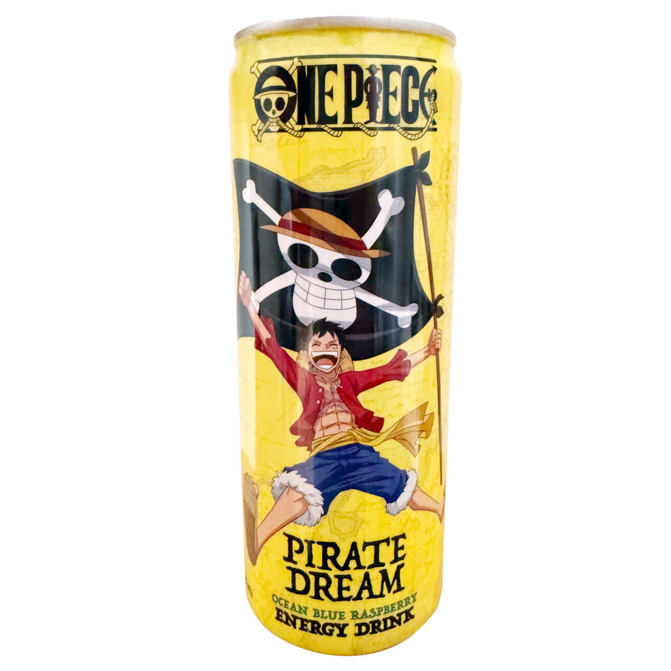 One Piece Pirate Dream Energy Drink by Sweet Palace, featuring a vibrant label with pirate-themed artwork and bold branding.