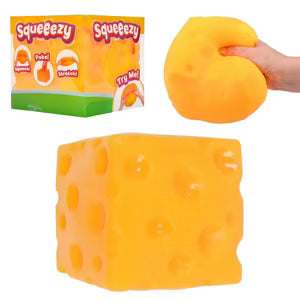 Soft, squishy Original Squeeezy Cheese by Sweet Palace, showcasing its bright yellow, playful cheese shape and textured surface.