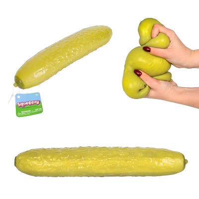 Soft, squishy Original Squeeezy Pickle by Sweet Palace with a bright green, textured, pickle-shaped stress relief toy.