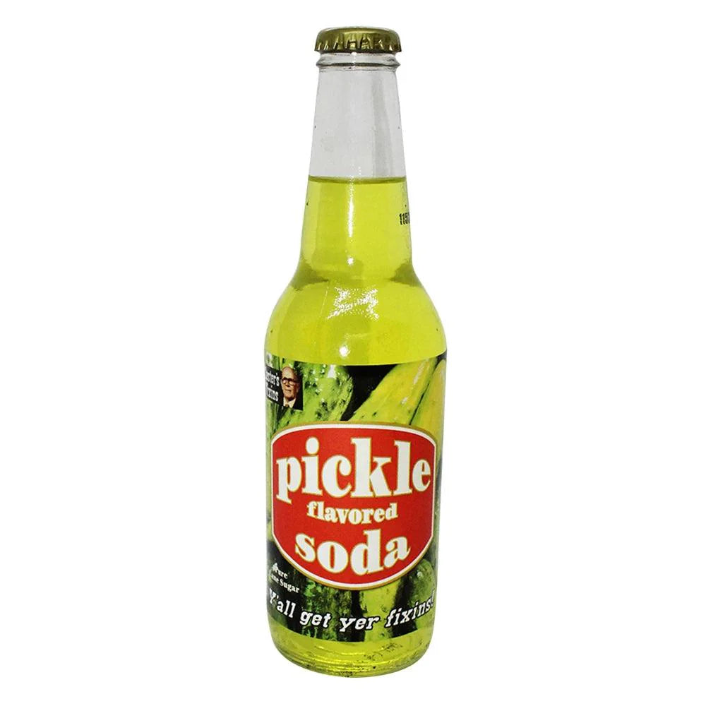 Sweet Palace Pickle Soda in a clear glass bottle with a label, showcasing the unique pickle-flavored soda beverage.