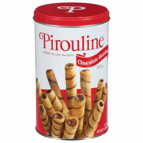 Sweet Palace Pirouline Chocolate Hazelnut 14.1oz tin with chocolate hazelnut-filled rolled wafers.