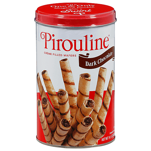 Dark chocolate Pirouline cookies in a 14.1oz tin from Sweet Palace, displayed in a decorative metal container.