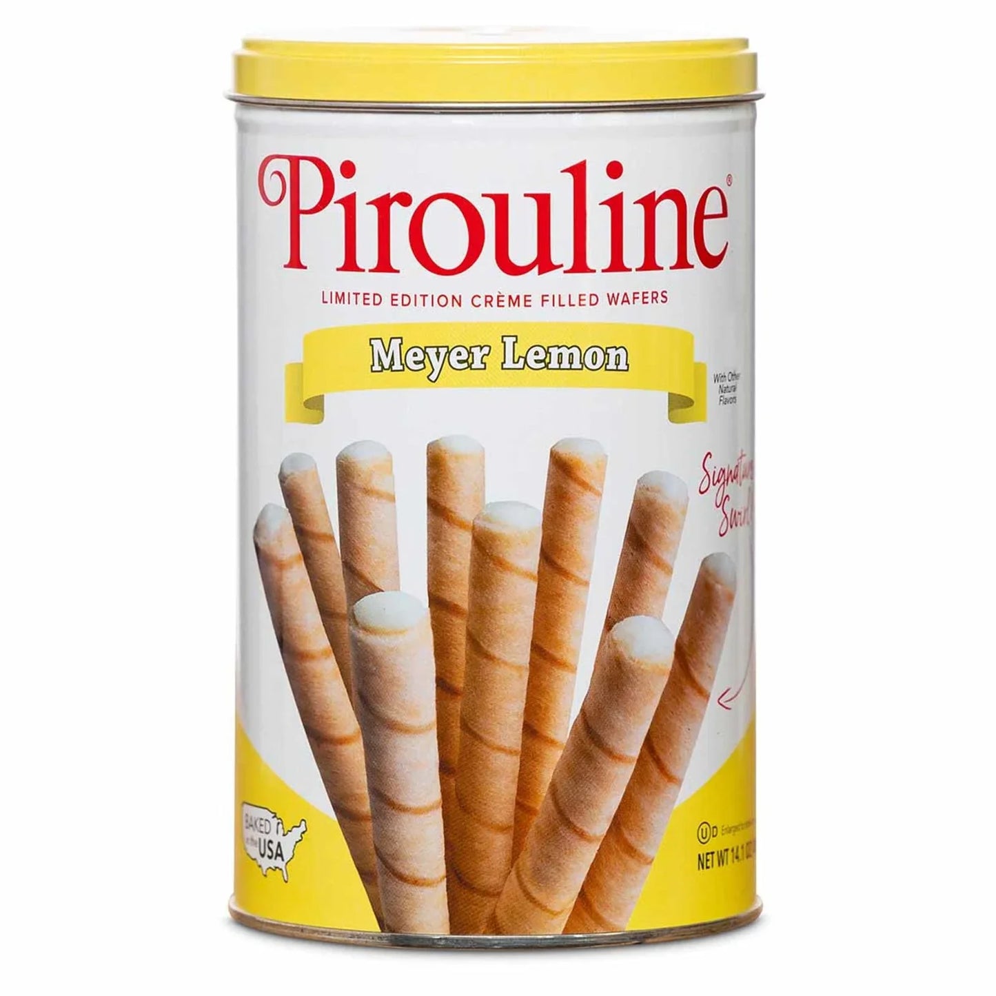Sweet Palace Pirouline Meyer Lemon cookies in a 14.1oz tin, showcasing the crisp rolled wafers with lemon flavor.