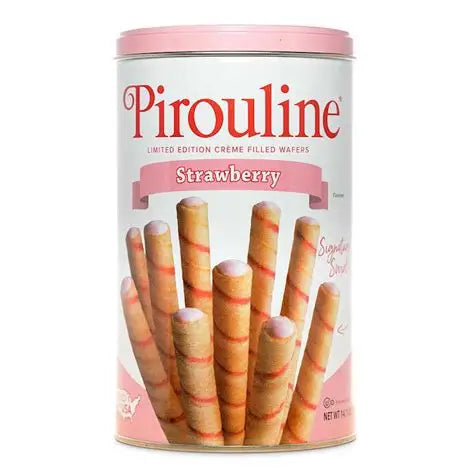 Sweet Palace Pirouline Strawberry cookies in a 14.1oz tin, showcasing the elegant tin with strawberry-flavored rolled wafers inside.
