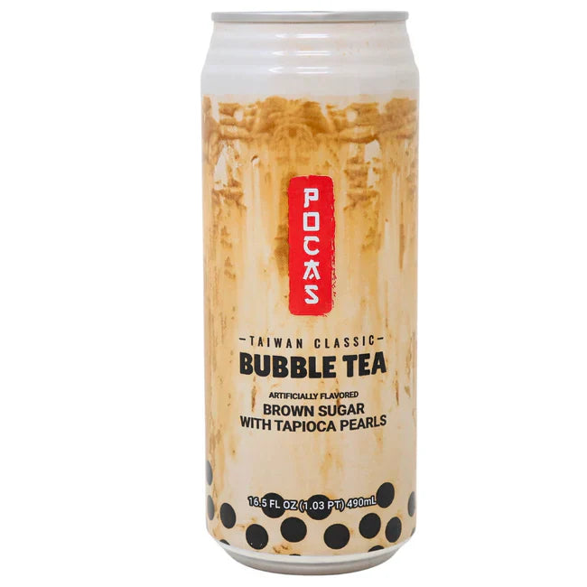 Sweet Palace Pocas Bubble Tea with Tapioca Pearls and Brown Sugar in a clear glass, topped with ice and a straw