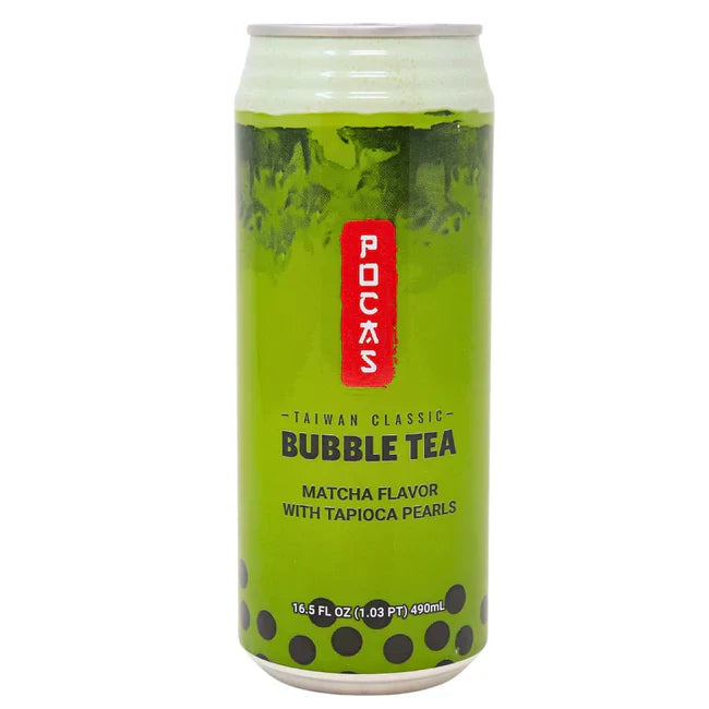 Sweet Palace Pocas Bubble Tea with Tapioca Pearls and Matcha in a clear glass cup, showcasing the vibrant green drink and tapioca pearls.