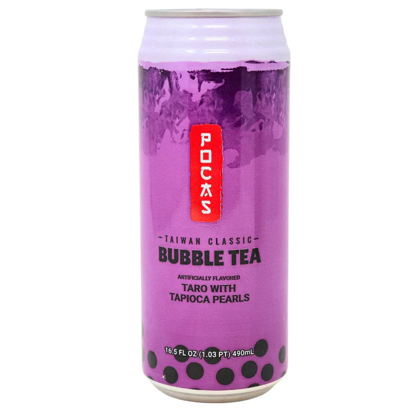 A glass of Sweet Palace Pocas Bubble Tea with Taro flavor and tapioca pearls at the bottom, served in a clear cup with a straw.
