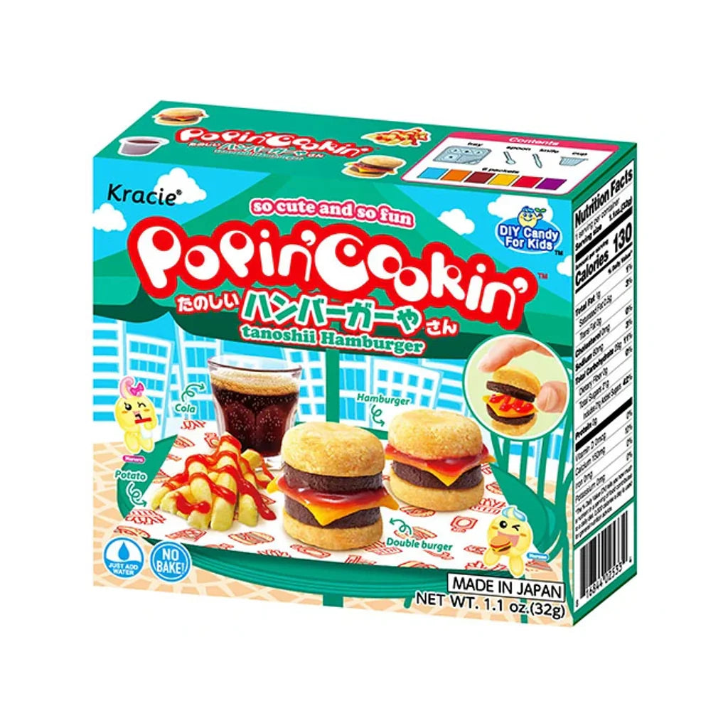 Sweet Palace Poppin Cookin Burger Shop Kit with colorful ingredients and tools for making mini burger-themed treats.