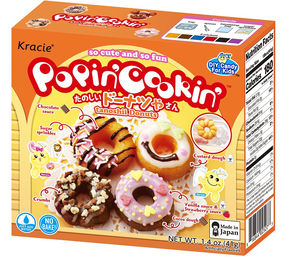 Poppin Cookin Japanese Tanoshii Donuts Kit by Sweet Palace with colorful ingredients and tools for making toy donuts