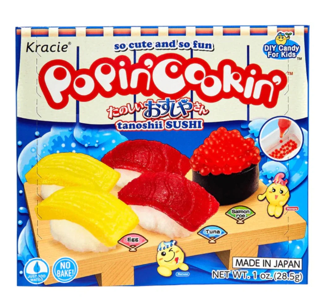 Japanese Poppin Cookin Sushi Kit by Sweet Palace featuring colorful toy sushi ingredients and tools for making miniature sushi.