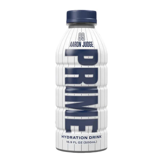 Prime Hydration Aaron Judge white sports drink bottle by Sweet Palace, featuring a white design and Aaron Judge branding.