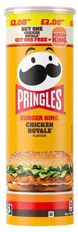 Pringles Burger King Chicken Royale flavored potato chips in a bright red container with branding.