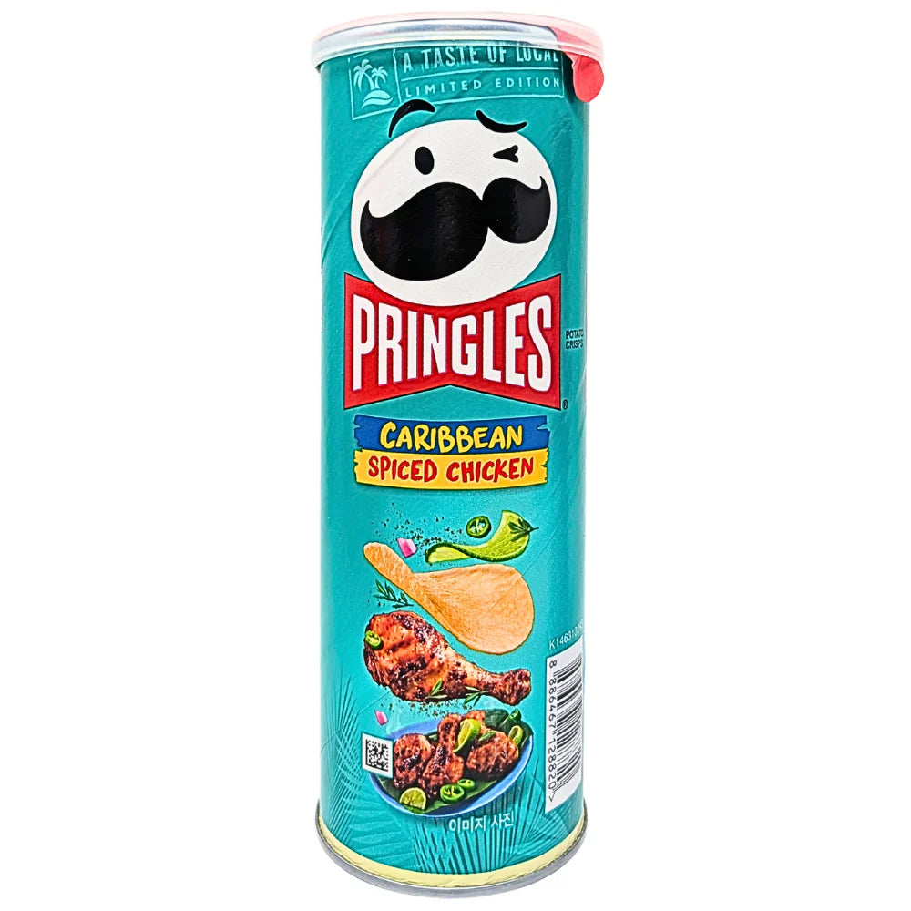 Pringles Caribbean Spiced Chicken flavored snack chips in a colorful bag, showcasing the vibrant packaging and crispy chips.