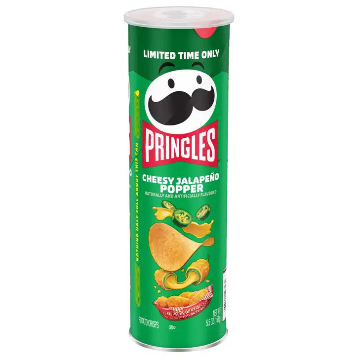 Pringles Crispy Jalapeno Popper potato chips in a bright, colorful container, showcasing the spicy jalapeno flavor.