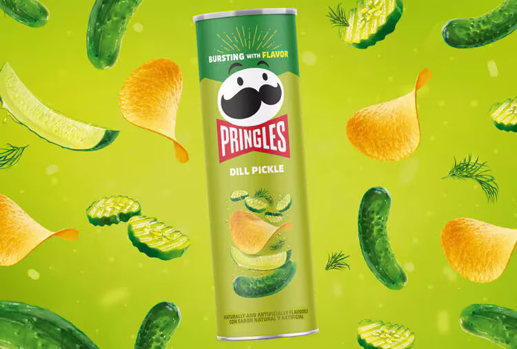 Pringles Dill Pickle flavored snack chips in a bright yellow can, showcasing the crispy chips with dill pickle seasoning.