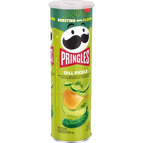 Pringles Dill Pickle flavored potato chips in a bright, colorful container with a green dill pickle illustration.