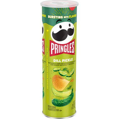 Pringles Dill Pickle flavored potato chips in a bright, colorful container with a green dill pickle illustration.
