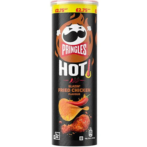 Pringles Hot Blazin Fried Chicken flavored potato chips in a bright red Pringles can with fried chicken imagery.