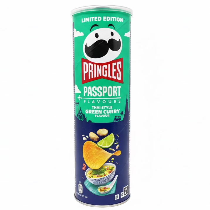 Pringles Passport Flavour Thai Style Green Curry chips in a colorful can, showcasing the snack's vibrant packaging and green curry flavor