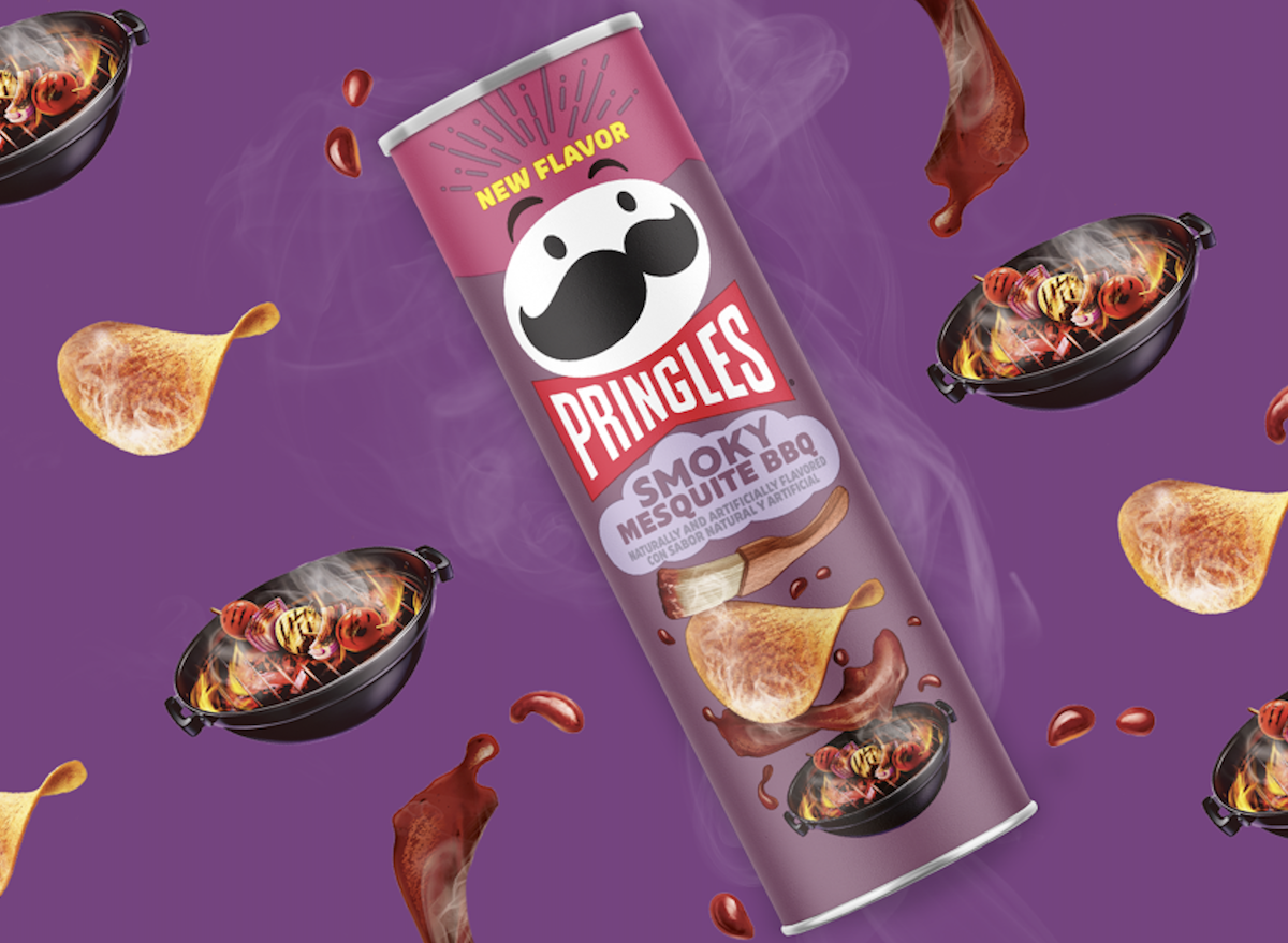 Pringles Smokey Mesquite BBQ chips in a colorful can, highlighting savory smoky flavor and crispy texture.
