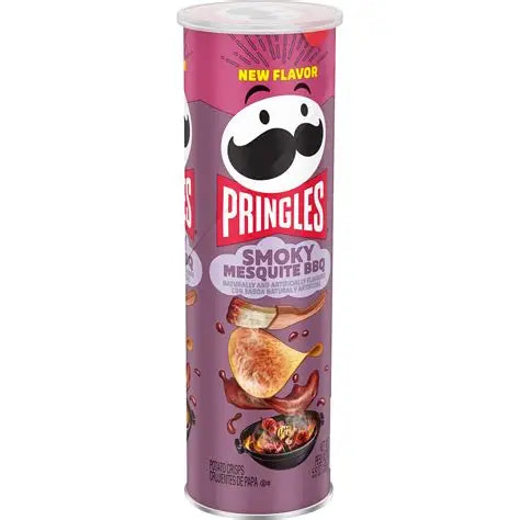 Pringles Smokey Mesquite BBQ potato chips in a colorful bag with a smoky mesquite barbecue flavor.